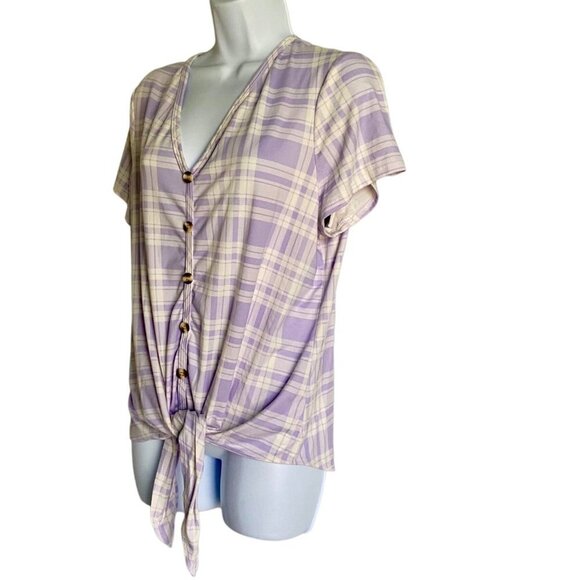 C'est La Vie Purple White Short Sleeve Top Front Tie Large NEW Super Soft - Picture 4 of 7